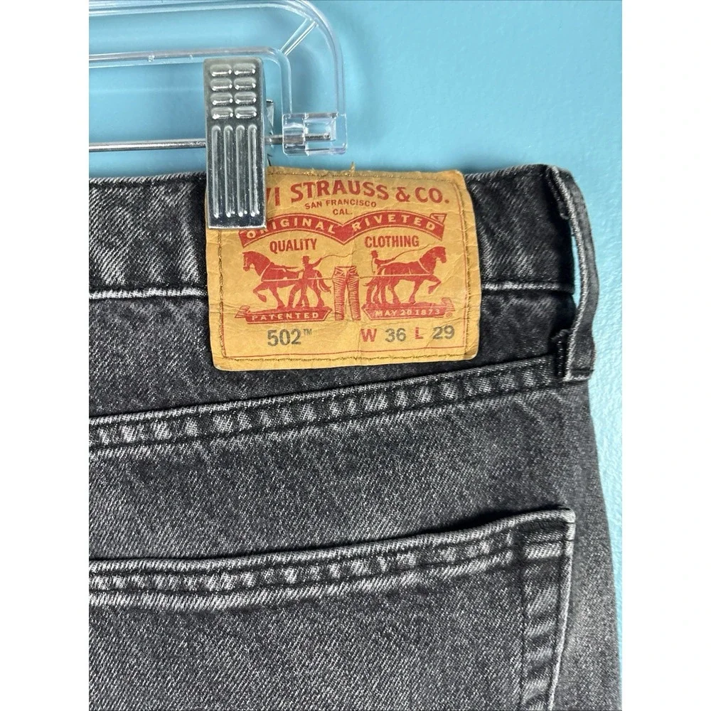 Levis 502 Jeans Mens 36x29 Black Tapered Fit Denim Fade Whiskers